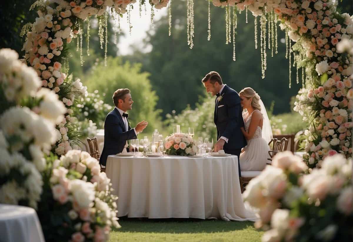 A couple discusses changing the wedding venue, surrounded by floral decorations and a table set for two