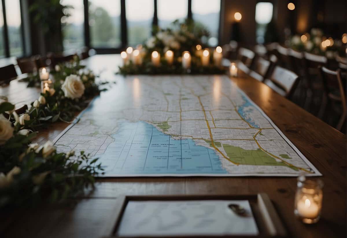 A couple's wedding venue is being changed, with a map and different location options laid out on a table for consideration
