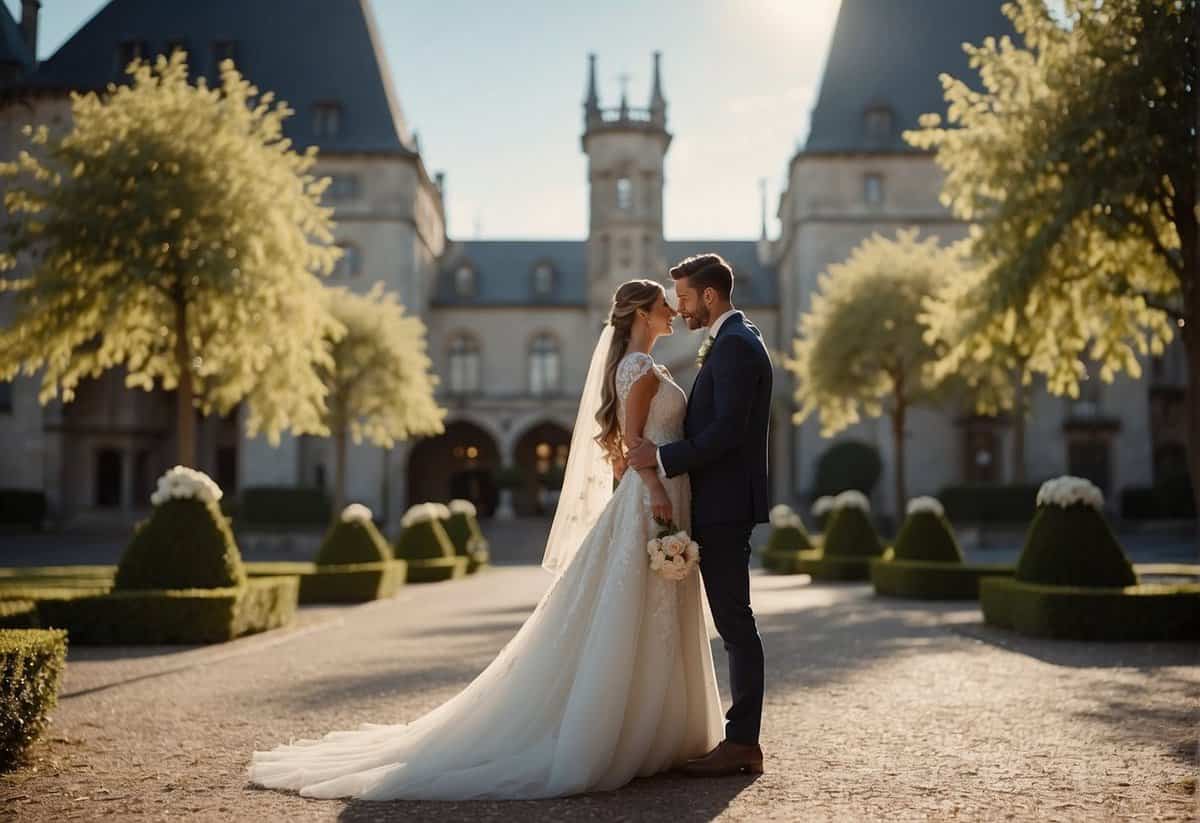 A bride and groom stand in front of a grand wedding venue, discussing the possibility of changing it. The venue is elegant and adorned with beautiful decorations