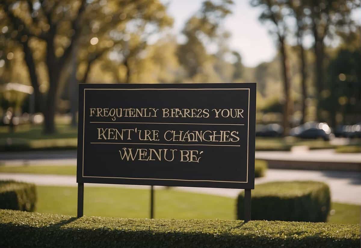 A sign reading "Frequently Asked Questions: Can you change your wedding venue?" with a wedding venue in the background