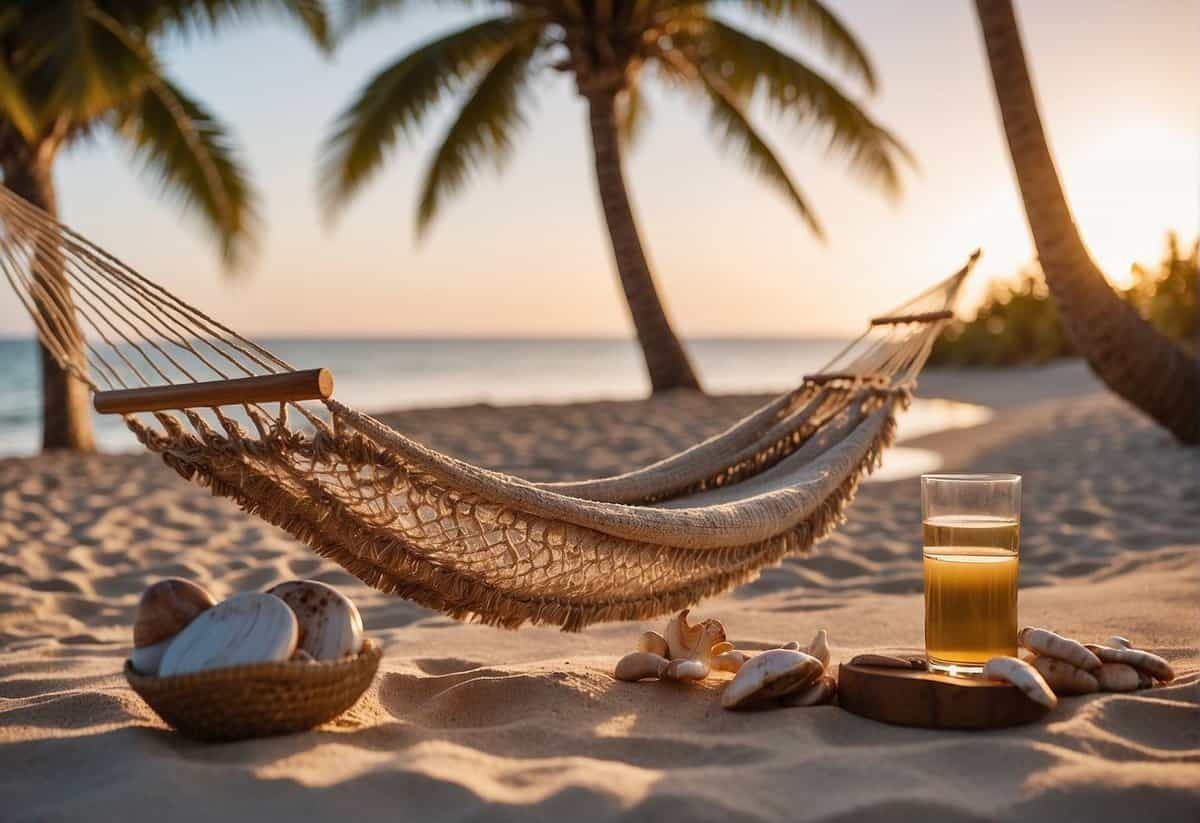 A tropical beach at sunset, with a hammock swaying gently between two palm trees. A bottle of champagne sits on a small table, surrounded by scattered seashells and a pair of flip-flops