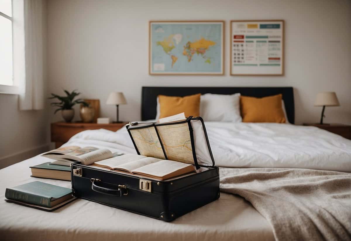 A couple's suitcase open on a bed, filled with travel guides, maps, and a checklist. A calendar with dates circled hangs on the wall