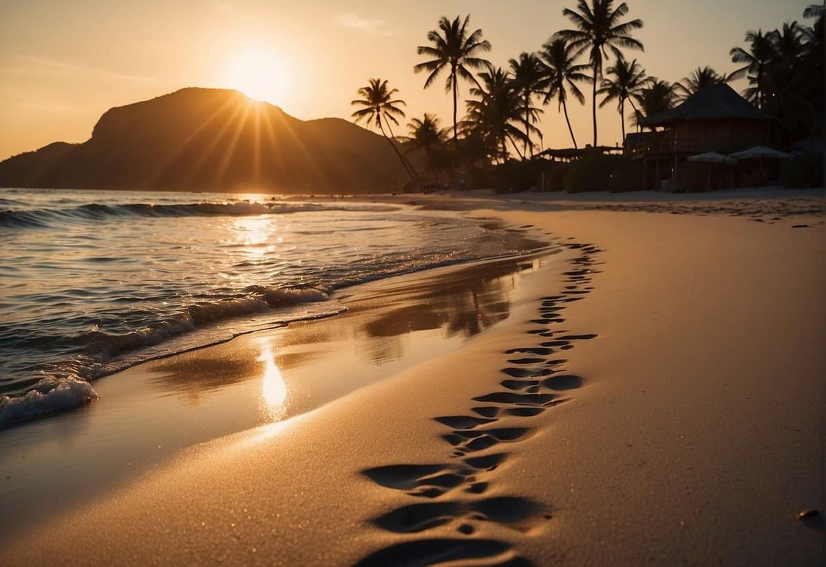 A tropical beach at sunset with a calm ocean, palm trees, and a couple's footprints in the sand leading towards a small wooden hut