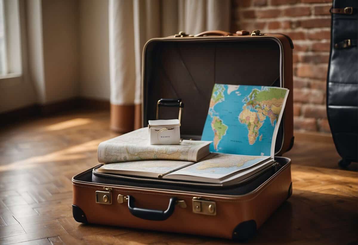 A couple's suitcase sits open, filled with travel guides and a map. A calendar on the wall is marked with a countdown to the honeymoon