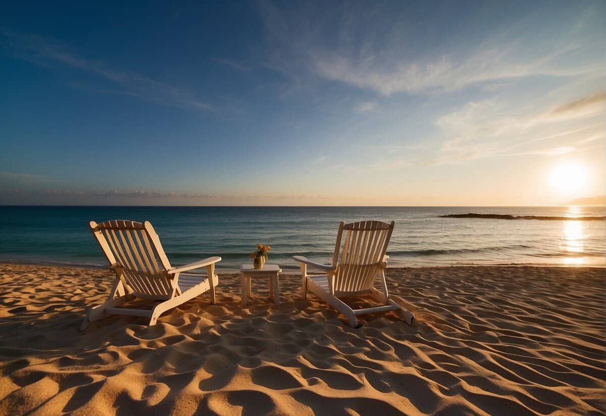 A beach with two beach chairs facing the ocean, a sunset in the background, and a sign that reads "Honeymoon FAQ: How long is a normal honeymoon?"
