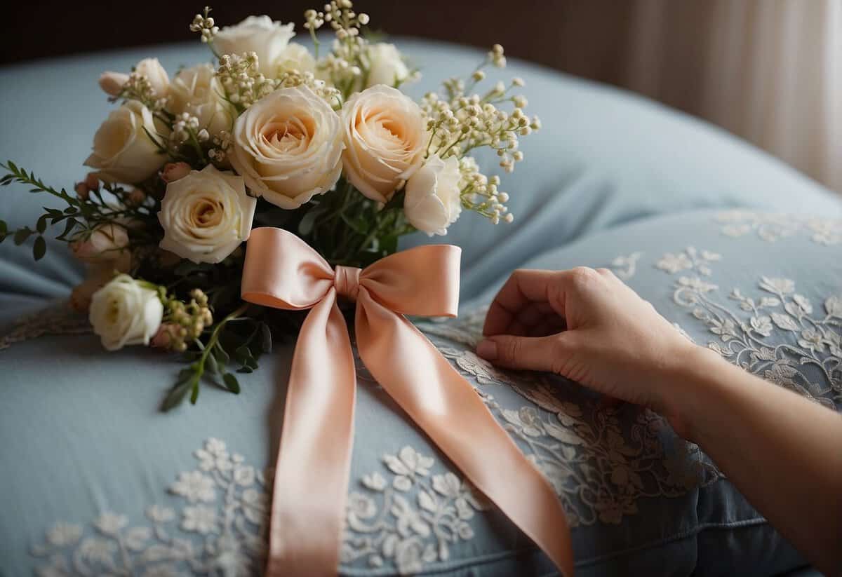 A hand places a garter on a lace pillow, surrounded by delicate flowers and a ribbon