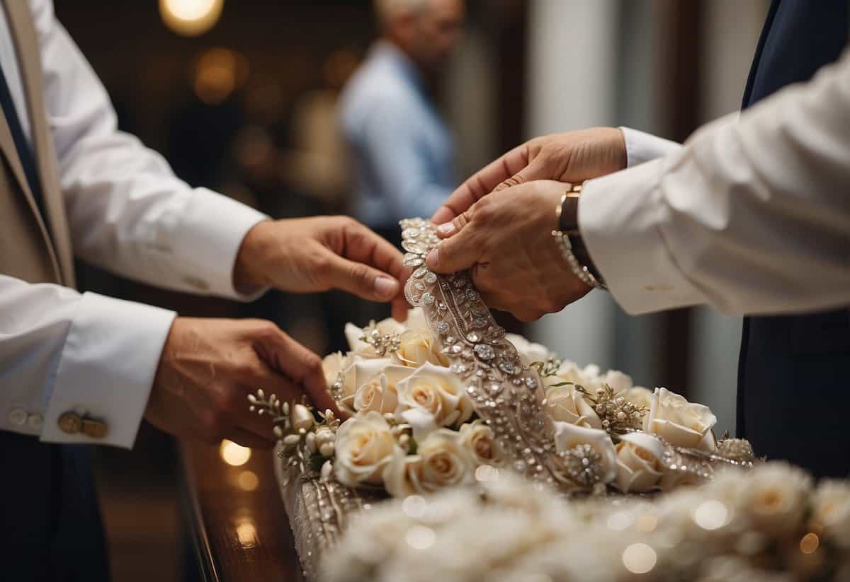 A groom purchases a wedding garter from a traditional bridal shop