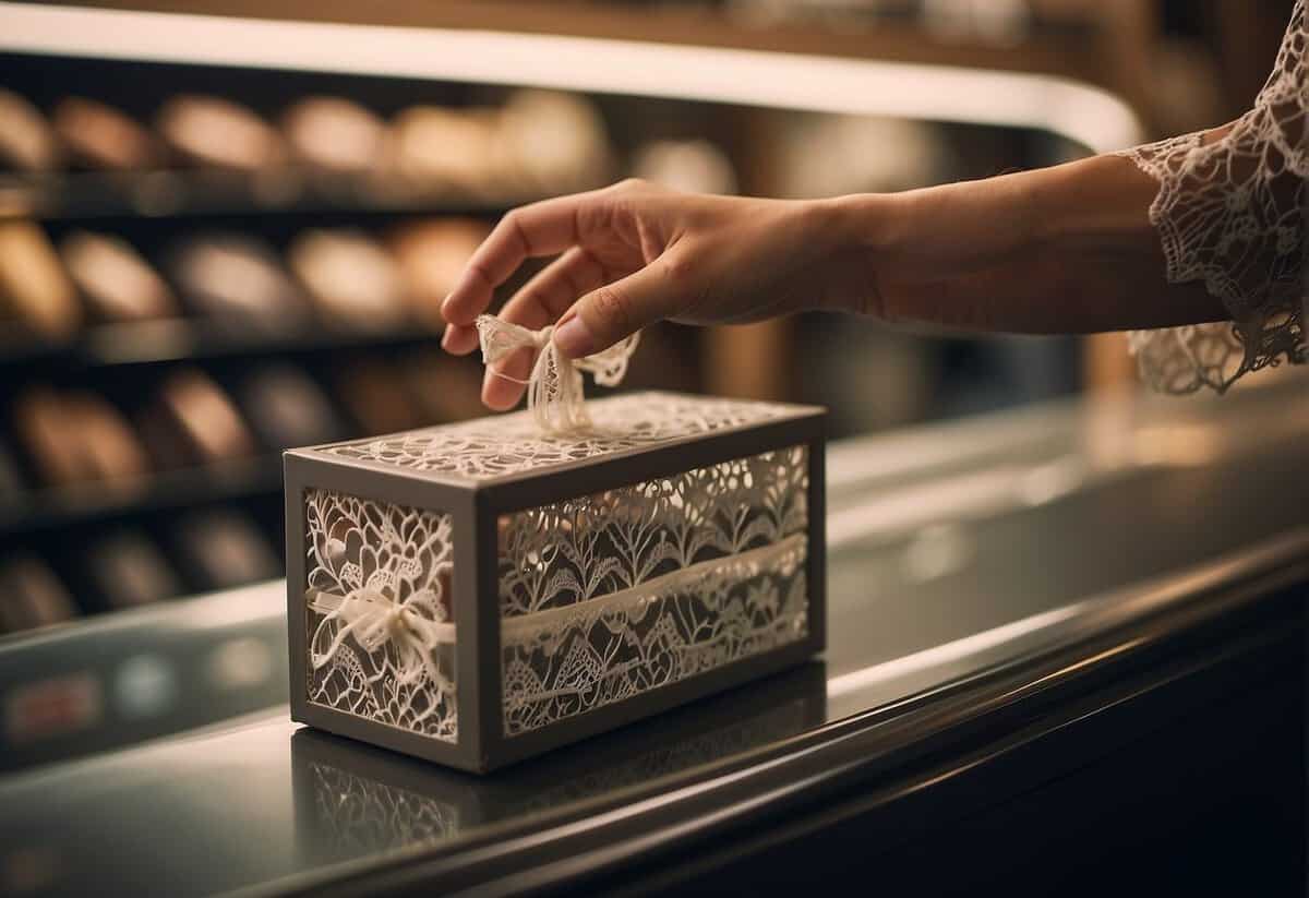A hand reaches for a garter in a lace-trimmed box on a store shelf