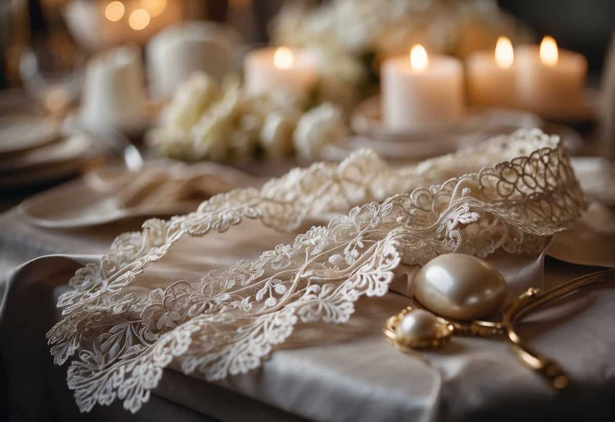 A hand reaches for a lace garter on a display, surrounded by other wedding accessories