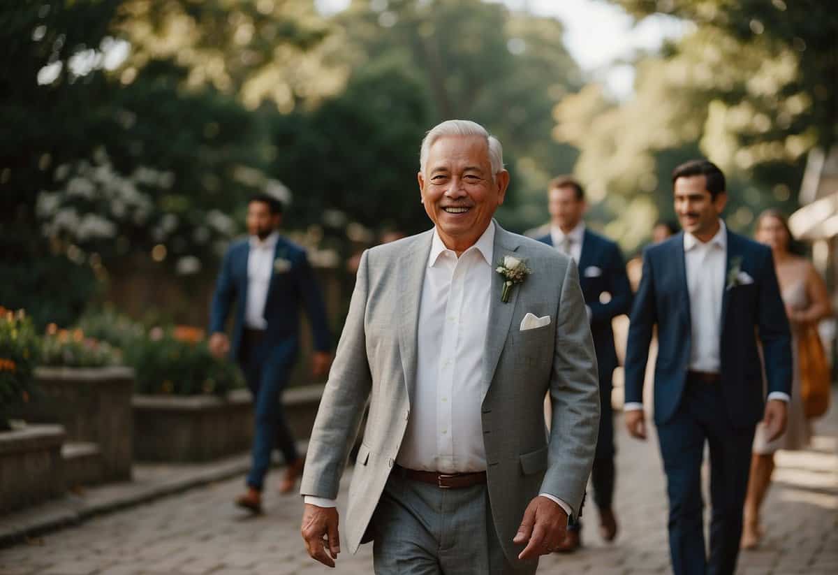 The groom's dad walks with a dignified air, leading the way with confidence and purpose