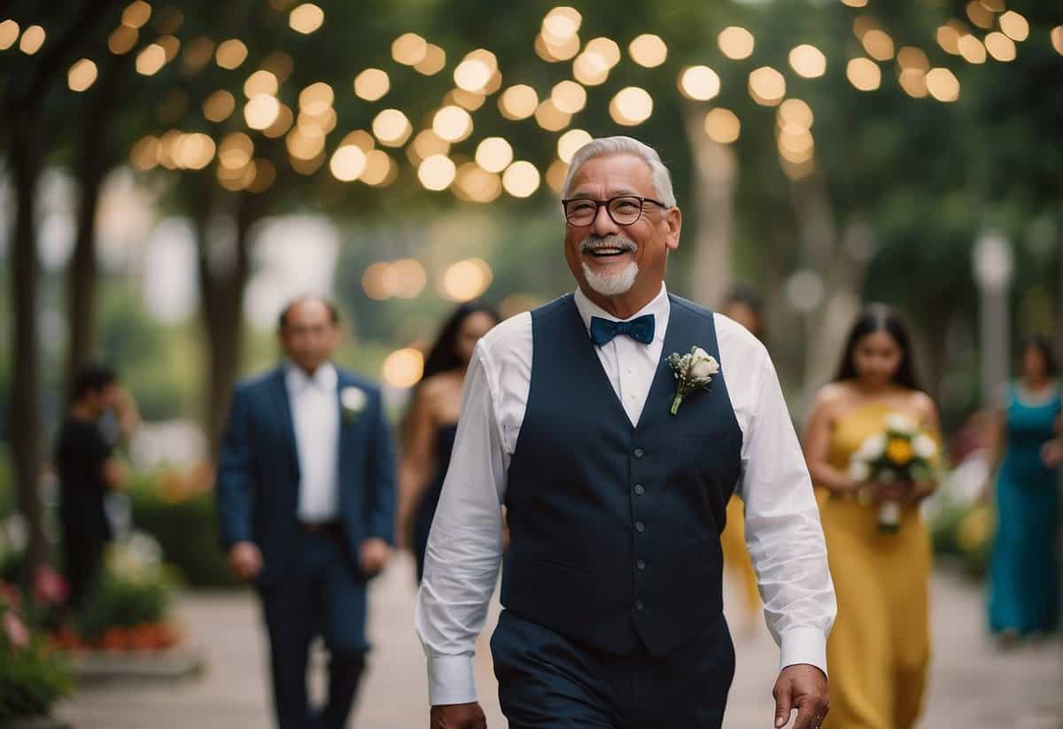 The groom's father walks with confidence, leading the way with a sense of pride and authority