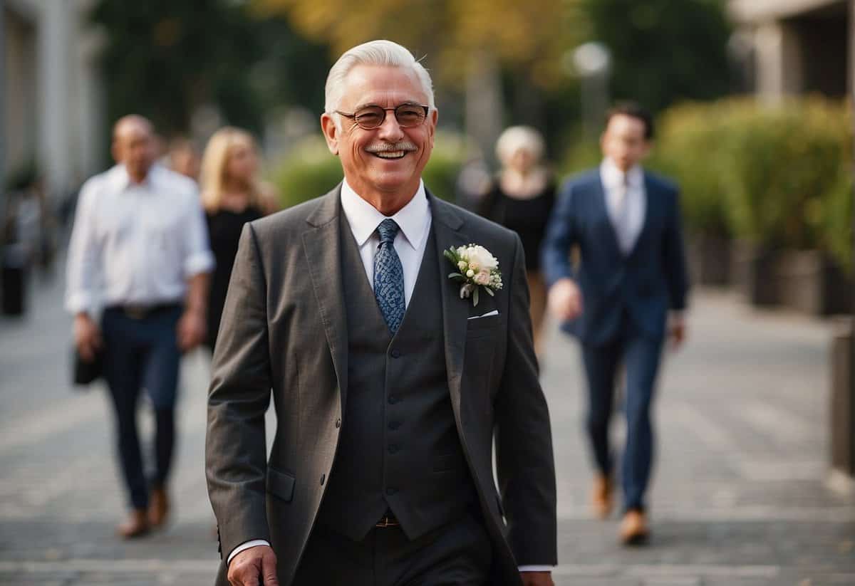 The groom's dad walks with confidence in his formal attire. He exudes elegance and sophistication in his presentation