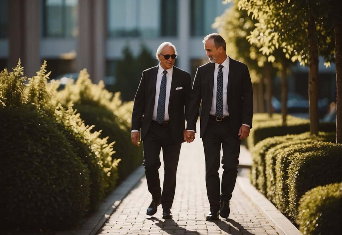 The groom's dad walks with a financial advisor, discussing planning aspects