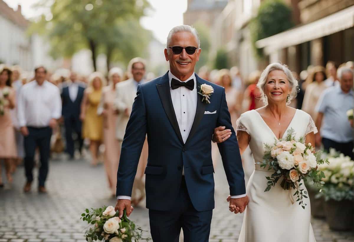 The groom's dad walks with the bride's mom in a joyful procession