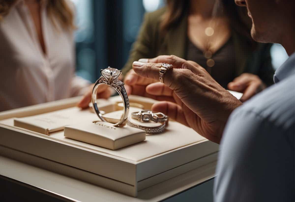 A jeweler presents a display of engagement rings to a couple browsing together