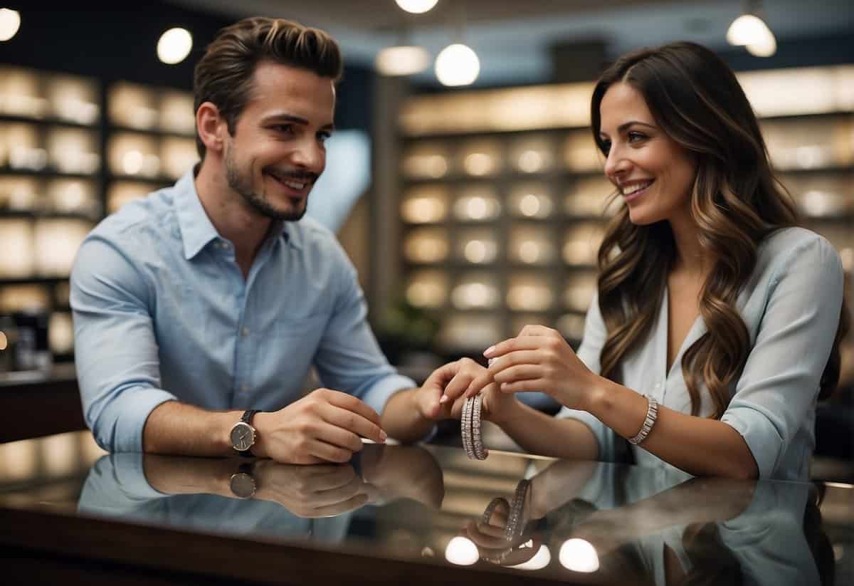 A couple discusses engagement ring budget at a jewelry store
