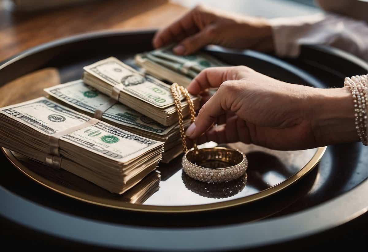 A hand places a stack of bills next to a tray of bridal jewelry