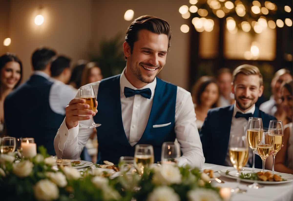 The groom's dinner is traditionally paid for by the groom's family or close friends. The scene could show a table set for a celebratory meal, with a relaxed and joyful atmosphere