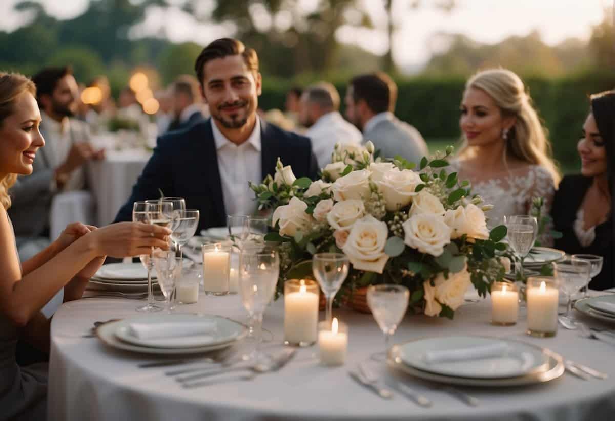 Guests and bridal party discuss who pays for the groom's dinner. Tables set with elegant place settings, flowers, and candles. A sense of anticipation and conversation fills the air