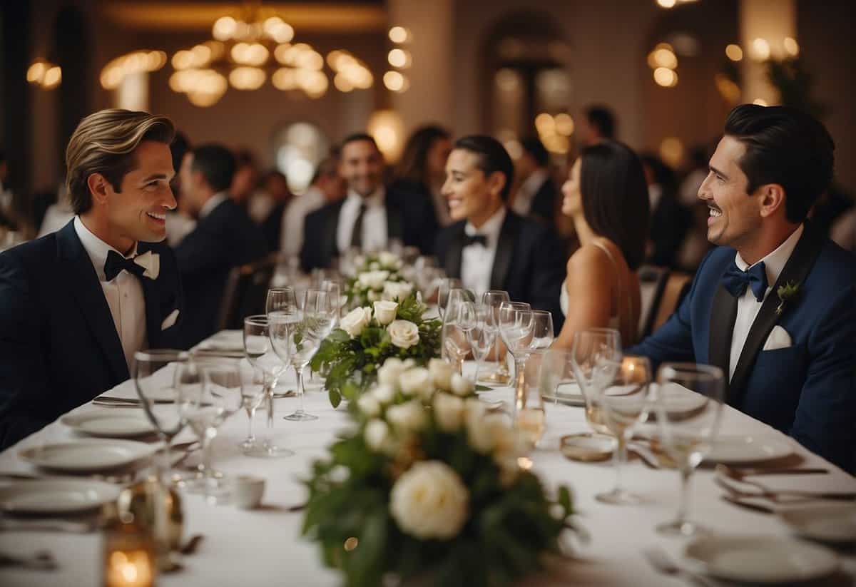 A table set with elegant place settings, surrounded by happy guests. A waiter serves dishes as the groom's party enjoys their dinner