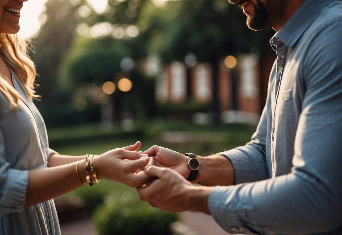A man presents a ring to another person, symbolizing a proposal