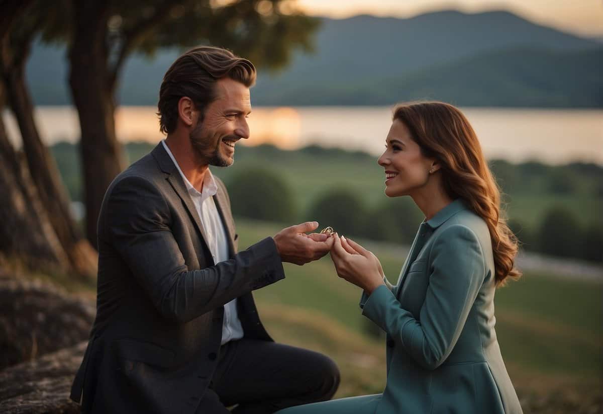 A man kneels, presenting a ring box. A woman looks surprised and joyful. The setting is romantic, perhaps outdoors or in a cozy location