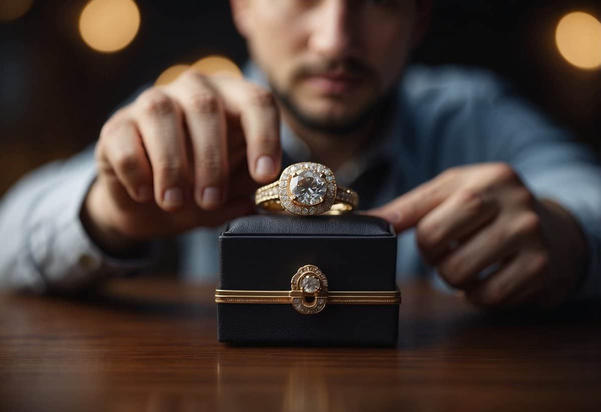 A ring box sits open on a table, a diamond ring glinting inside. A man's hand reaches for it, a hopeful look on his face