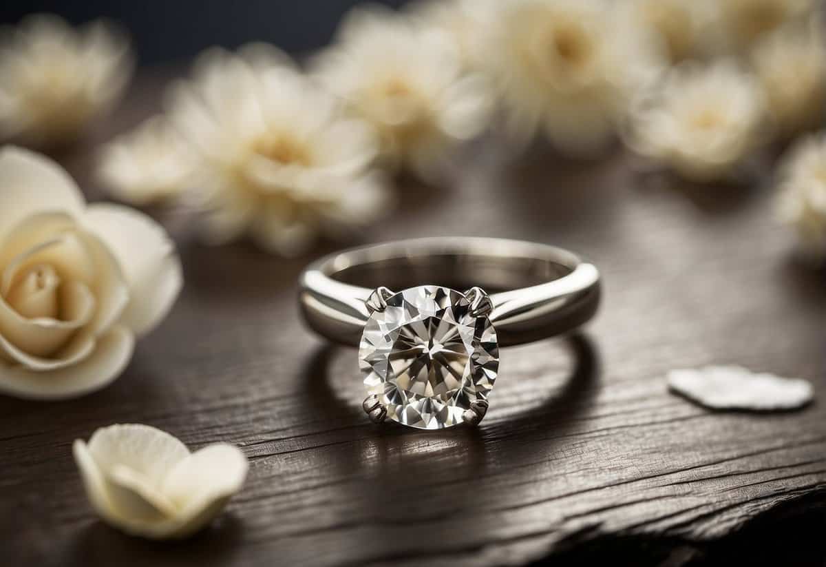 The engagement ring falls from a hand onto a table, surrounded by scattered petals and a torn letter