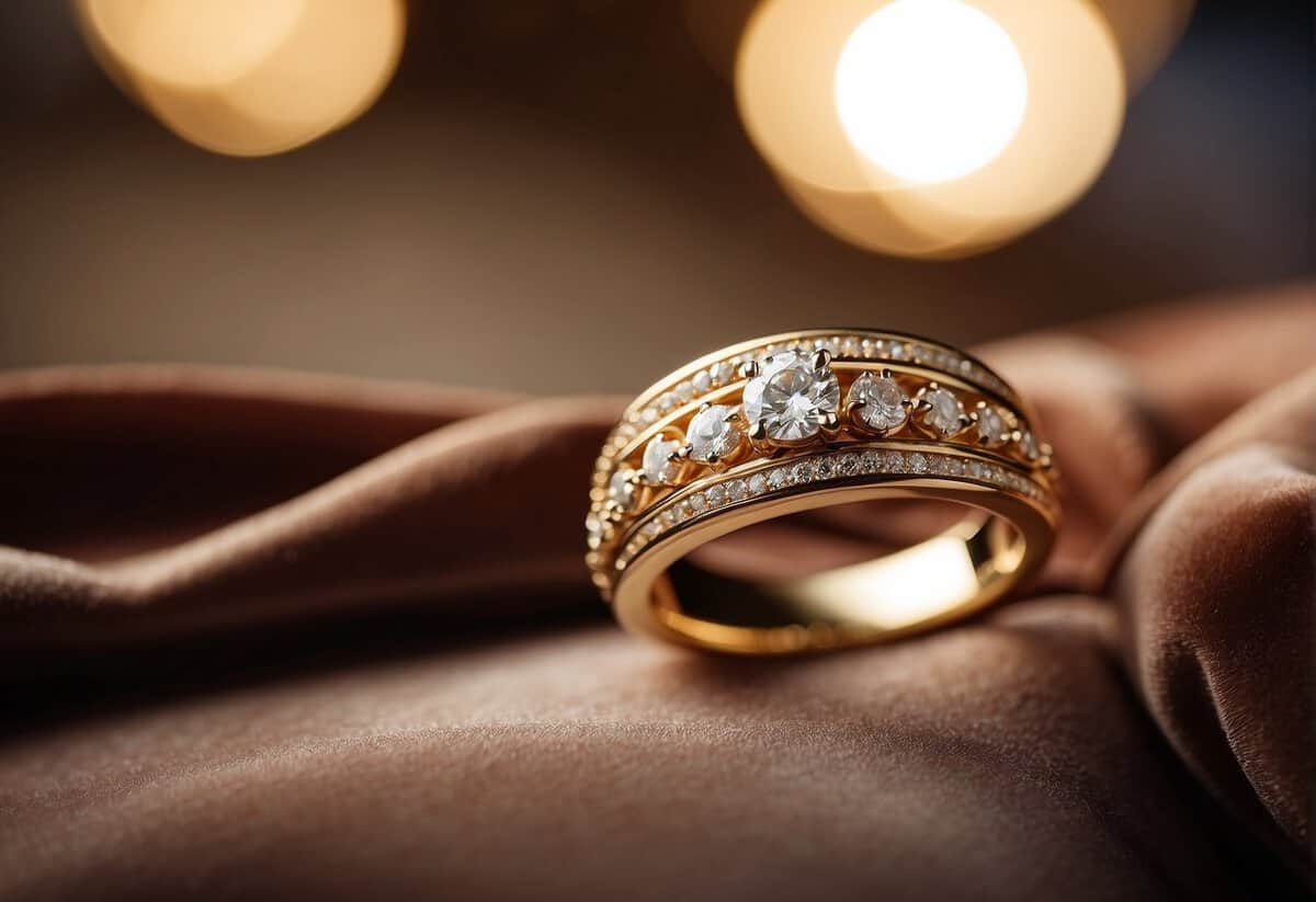 A wedding band rests on a velvet cushion, bathed in soft light