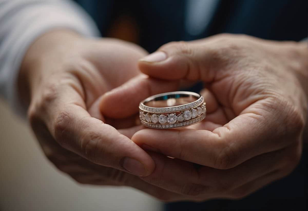 A couple's hands holding a wedding band, with a question mark above it