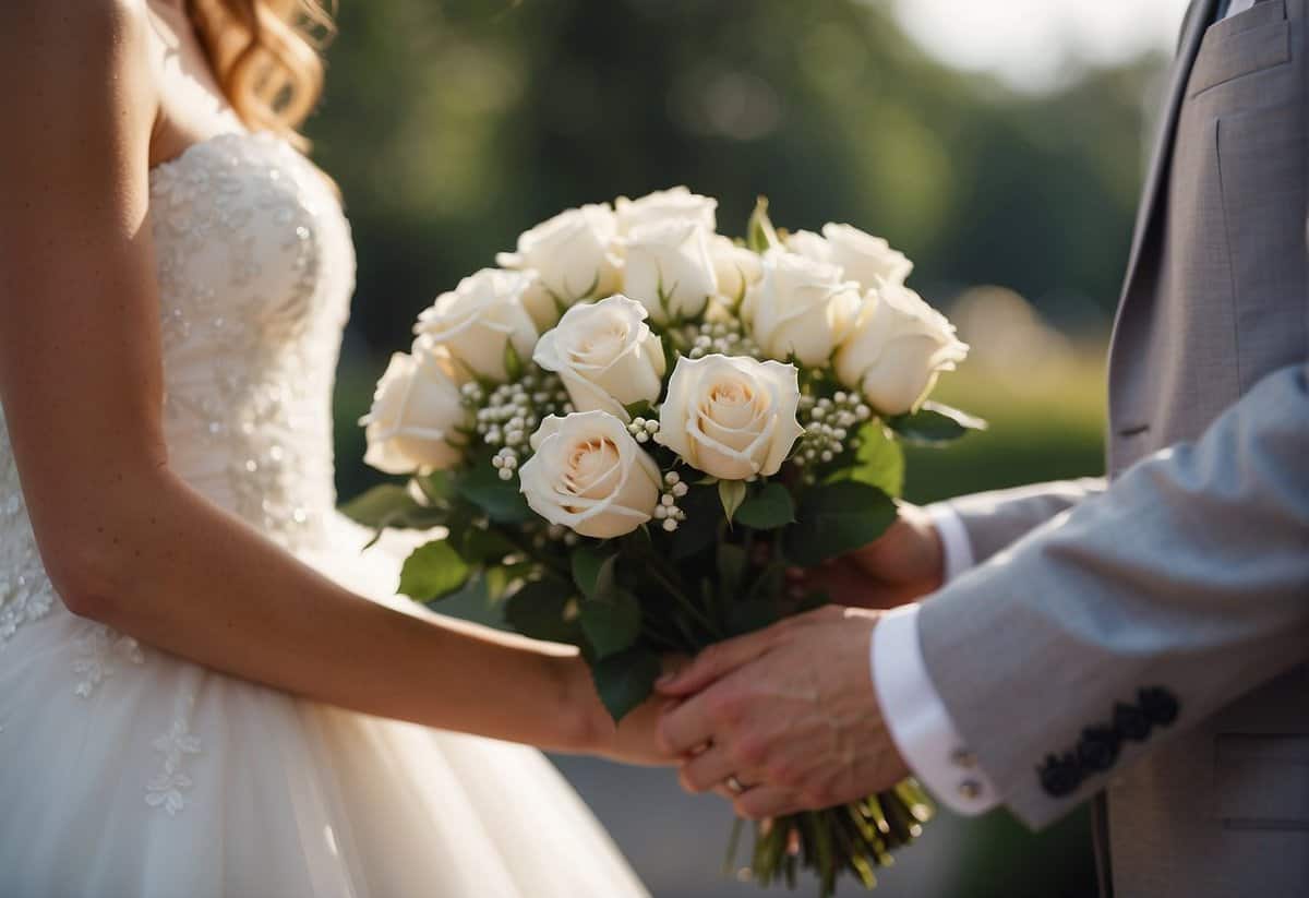 The groom presents a delicate bouquet of white roses to the blushing bride on their wedding day