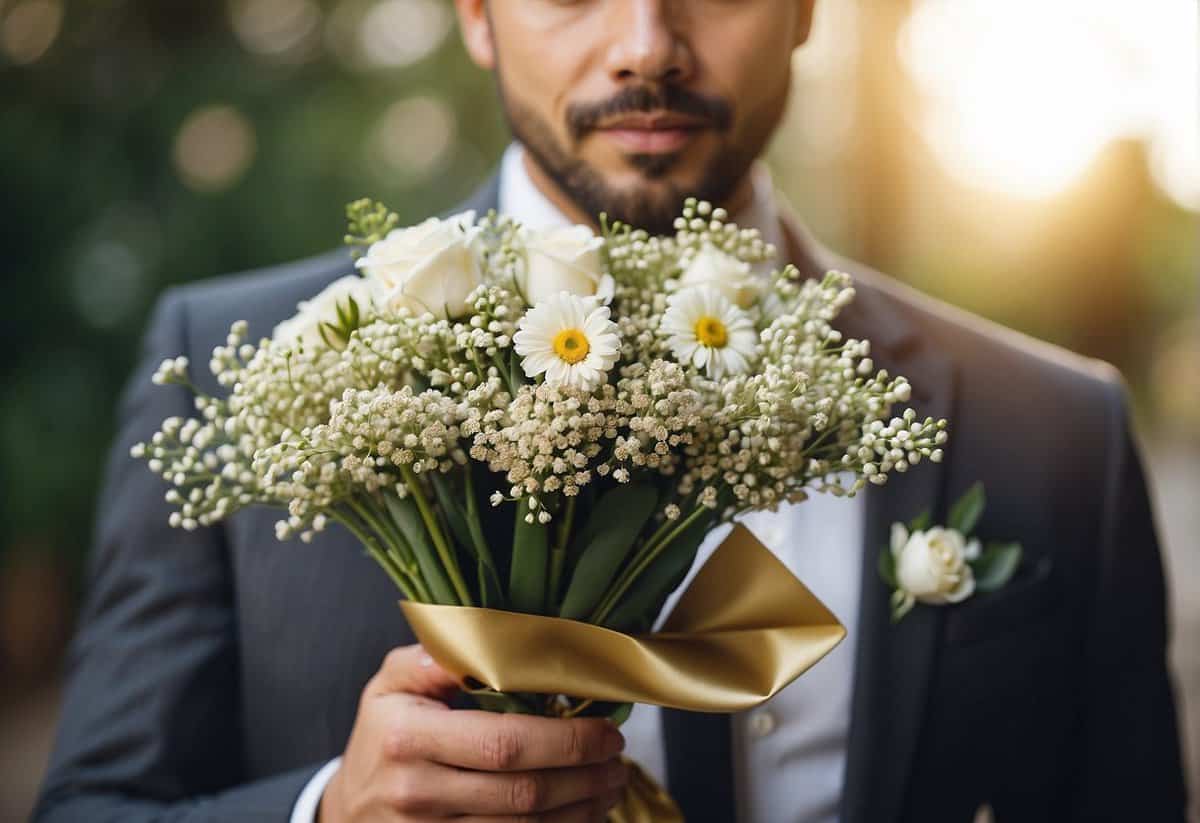 A groom holding a delicate bouquet of flowers and a beautifully wrapped gift box, with a thoughtful expression on his face