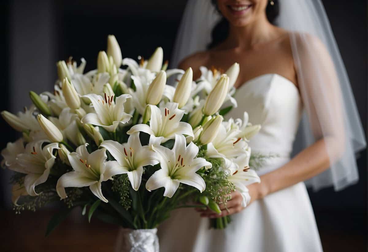 The groom presents a delicate bouquet of white lilies to the bride on their wedding day