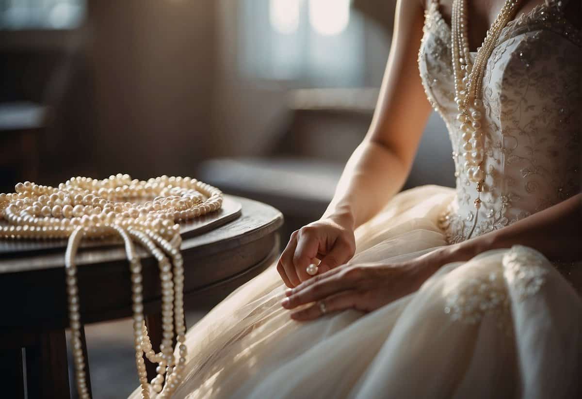 The groom purchases a delicate pearl necklace for the bride on her wedding day