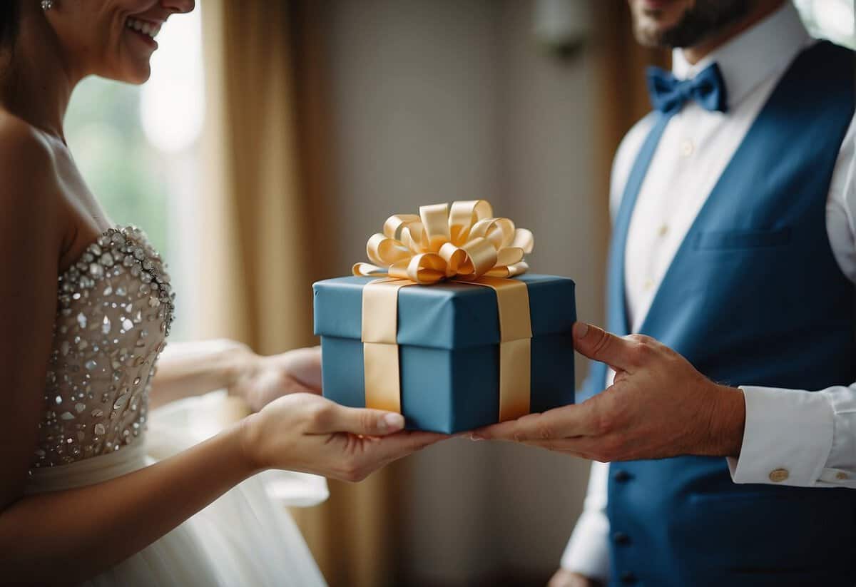 The groom presents a gift to the bride on their wedding day