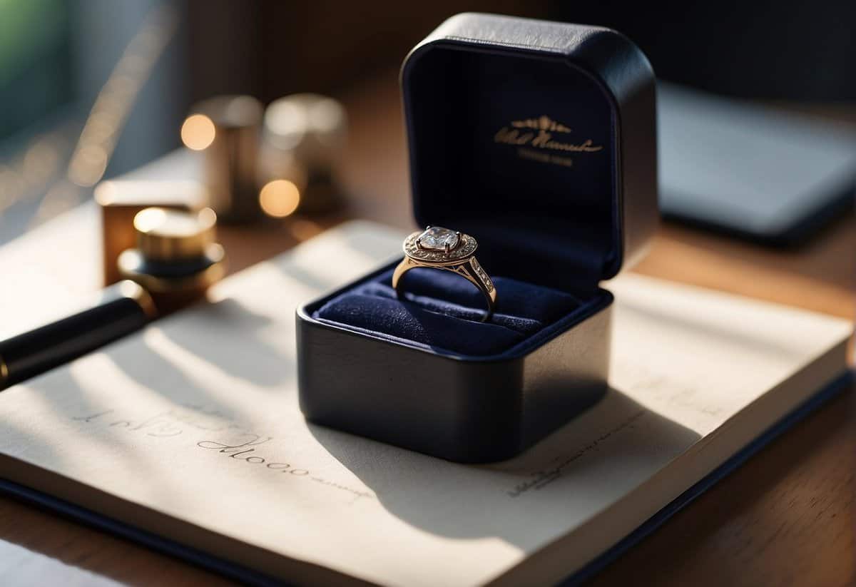 A ring box with a ring inside, placed on a table with a handwritten note next to it