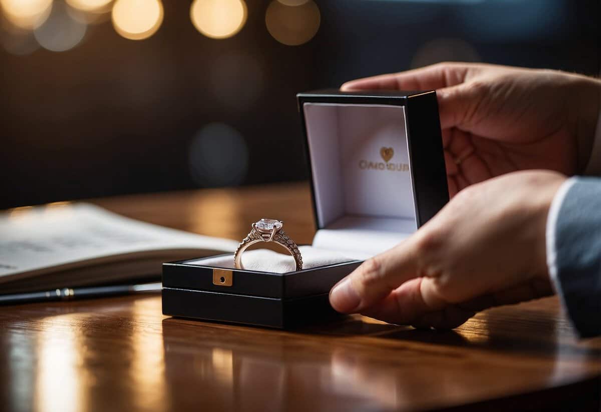 A ring box sits open on a table, with a sparkling engagement ring inside. A pair of hands reach for the ring, one holding a pen to sign a receipt