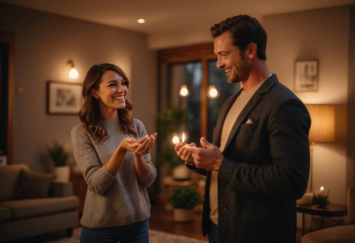 A woman holds out a ring box towards a man, who looks surprised but happy. They stand in a cozy living room with warm lighting and a fireplace in the background