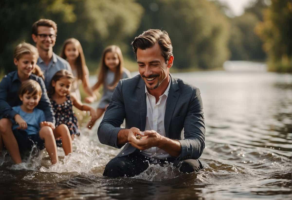 A man tosses his wedding ring into a river, surrounded by children and family