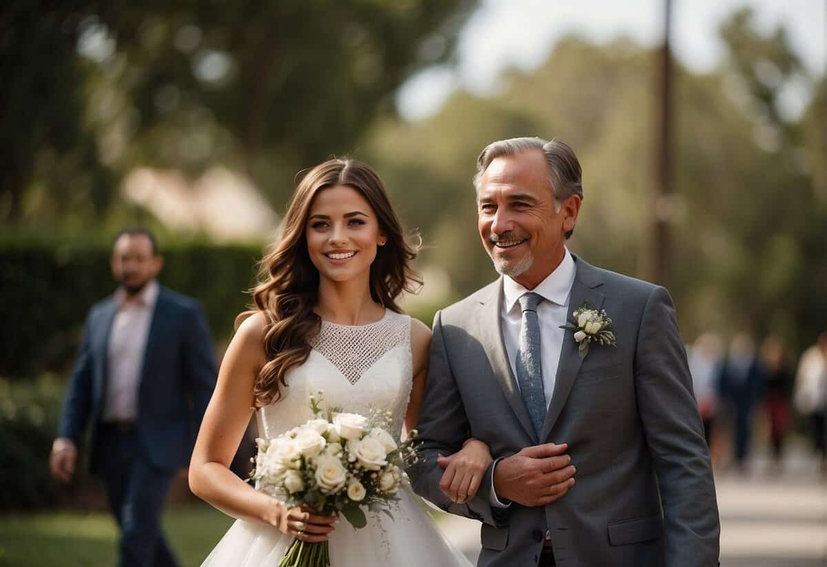 A father and daughter walk side by side, their steps in sync, as they make their way down the aisle. The father's proud smile and the daughter's beaming face tell the story of love, support, and a cherished bond