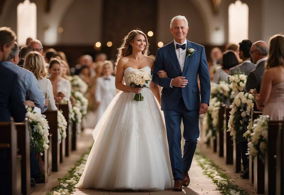 A father and daughter walk down the aisle, symbolizing the father's support and blessing for his daughter's marriage