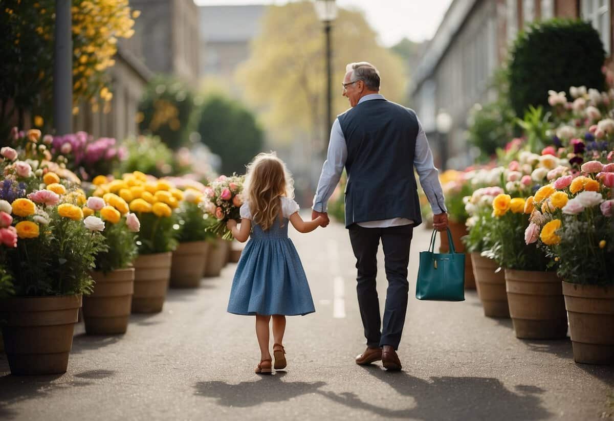 A father and daughter stand at the end of a long aisle, facing each other with love and pride. The daughter holds a bouquet of flowers while the father looks on with a mixture of joy and nostalgia