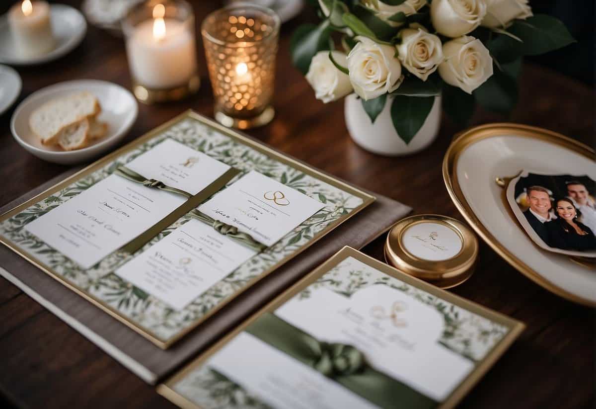 A wedding invitation surrounded by family photos and a thoughtful couple discussing their guest list