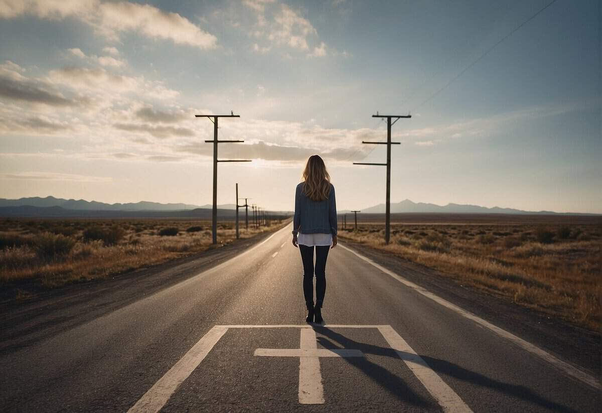 A woman stands at a crossroads, one path leading to her ex-husband, the other to her new partner. She hesitates, torn between her past and her future