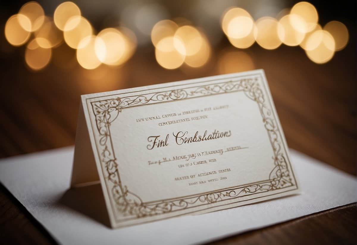 A wedding invitation with two names crossed out and "final considerations" written in bold