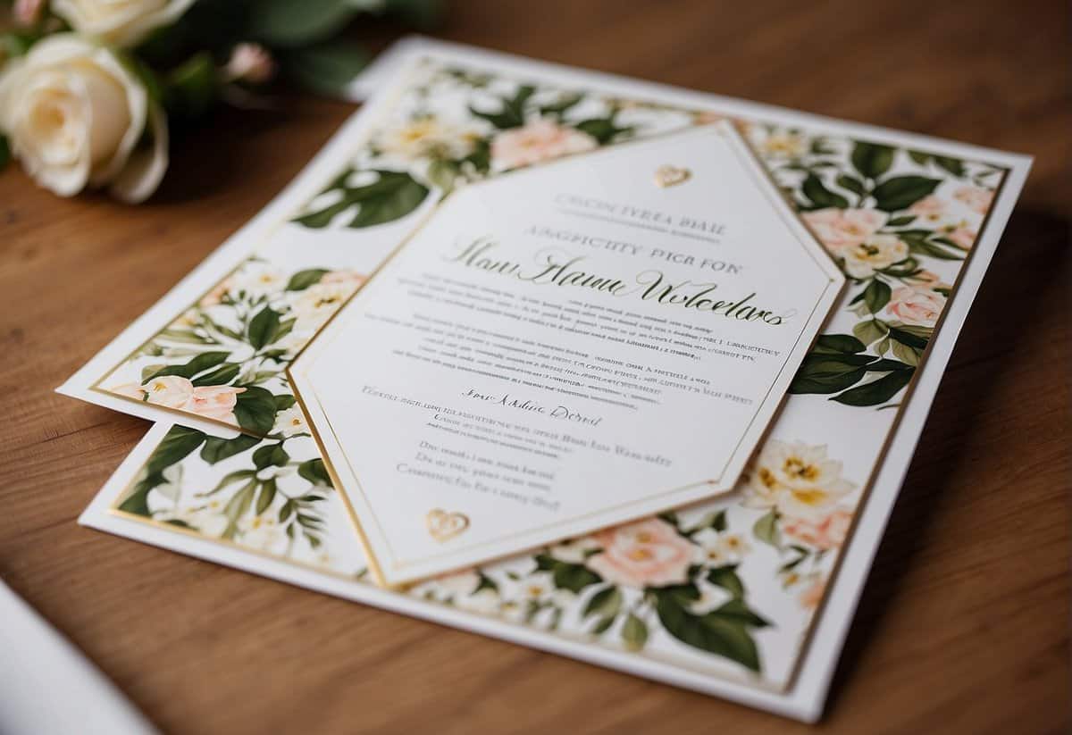 An open wedding invitation with a list of frequently asked questions, including "do you invite your ex husband to your wedding?"