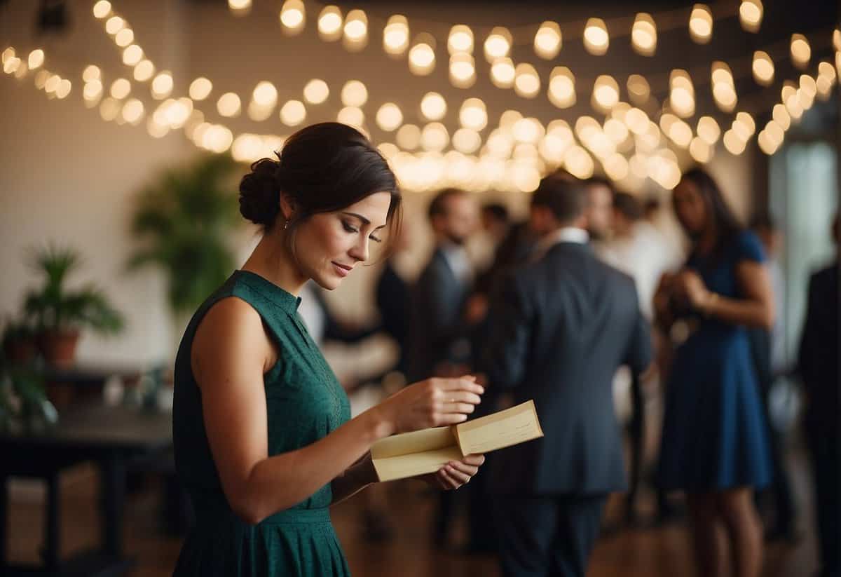 Reluctant woman pondering wedding invitation