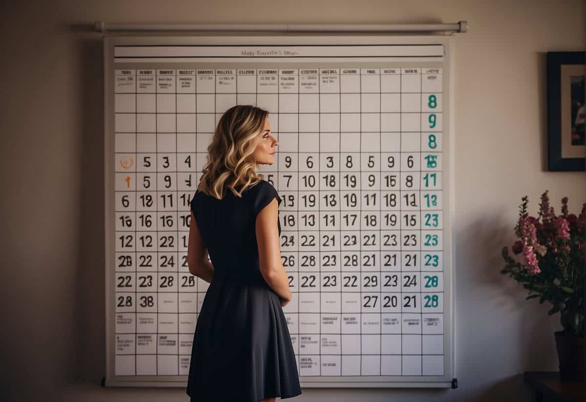 An uncertain woman stands in front of a calendar, pondering whether to attend her husband's friend's wedding