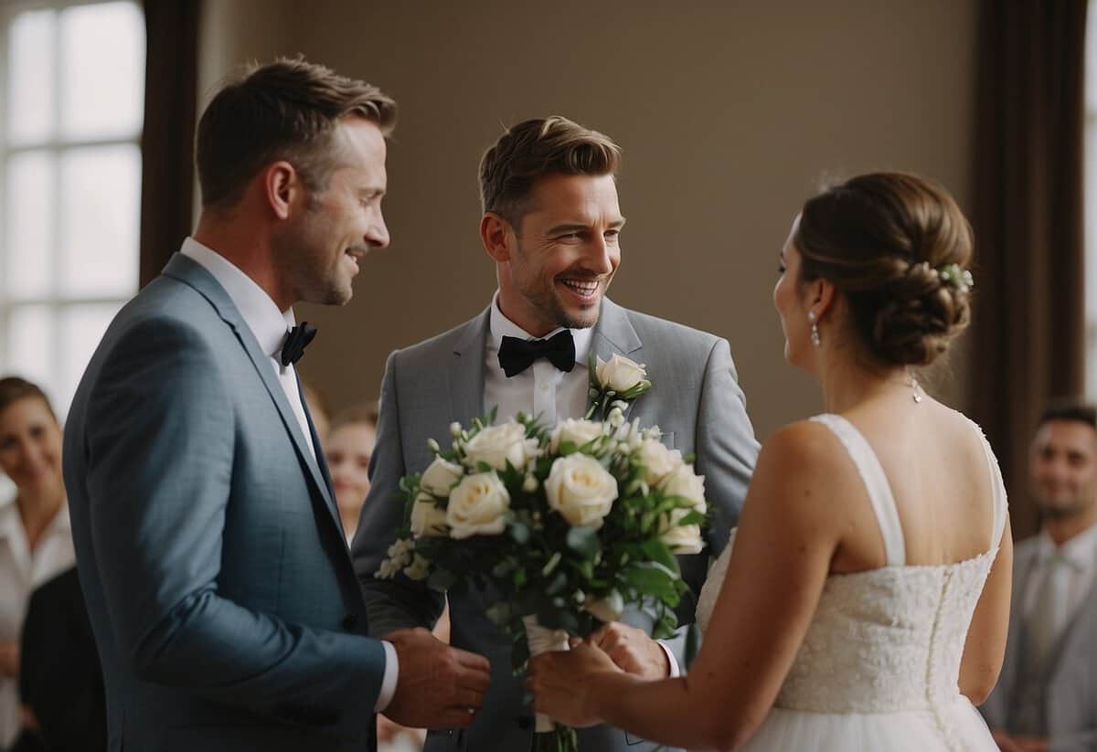 A parent offering words of wisdom to a newlywed couple on their wedding day