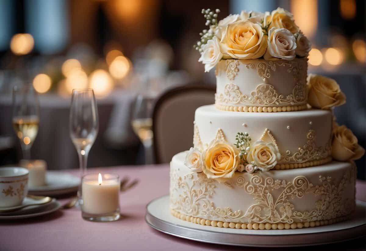 A wedding cake sits on a table, adorned with intricate designs and delicate flowers. The price tag is visible, indicating the average cost in the UK